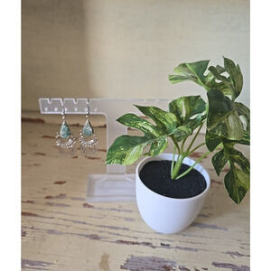 Vintage Boho Moss Agate Teardrop Dangle Earrings Silver Tone Fringe Chandelier